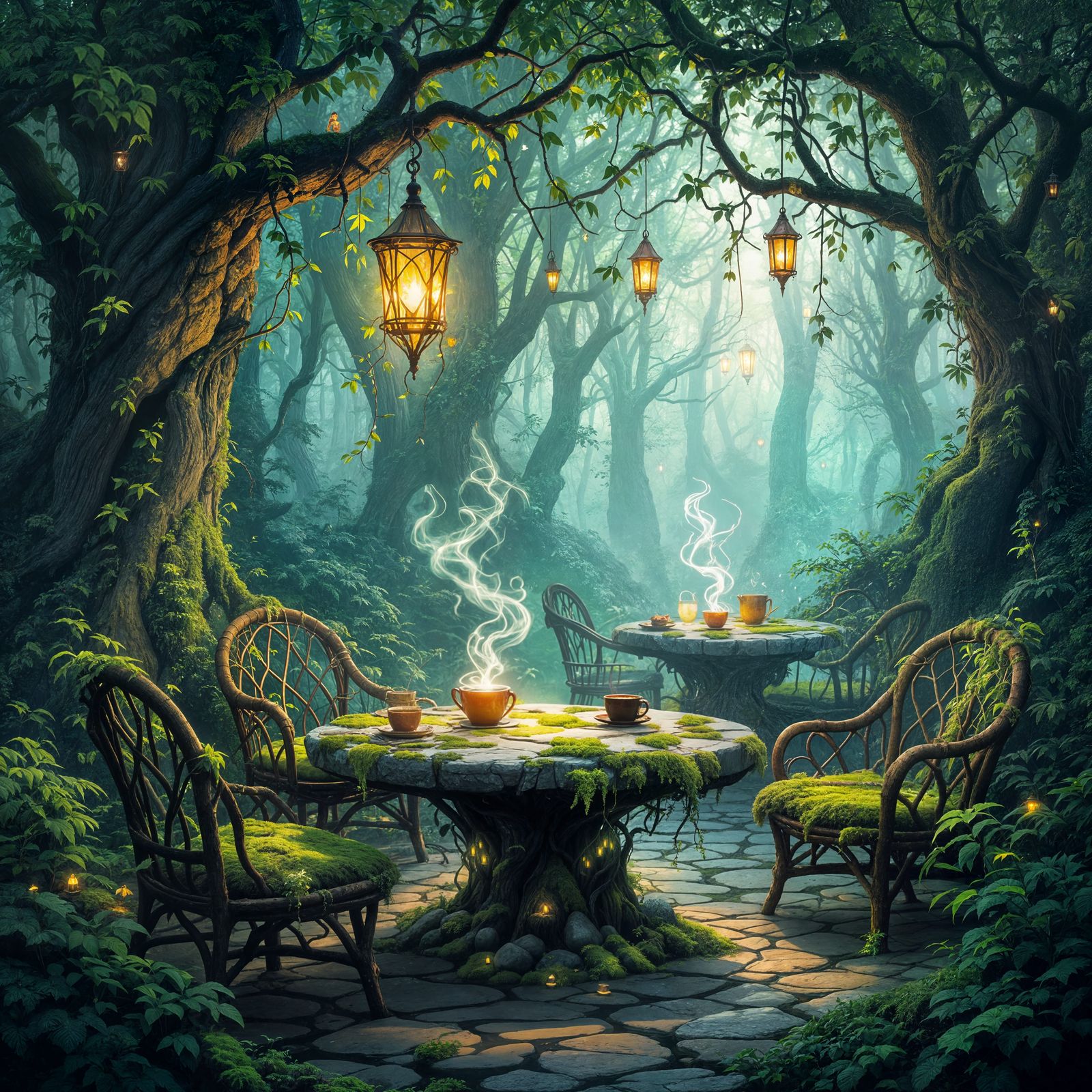 Mystical Forest Cafe with Glowing Vines and Floating Brews