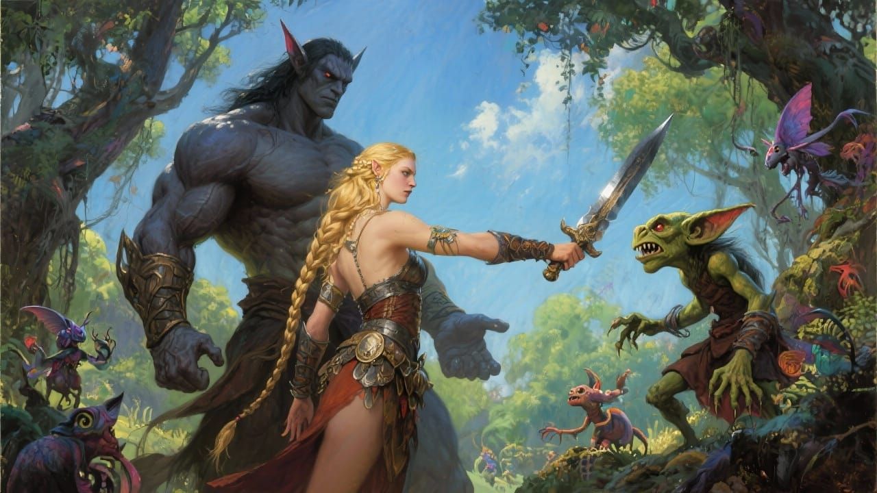 Elf and Warrior Queen Defend Against Goblin in Fantasy Art