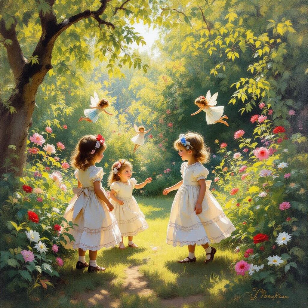 Victorian Garden Play: Girls and Fairies in Oil Painting Sty...
