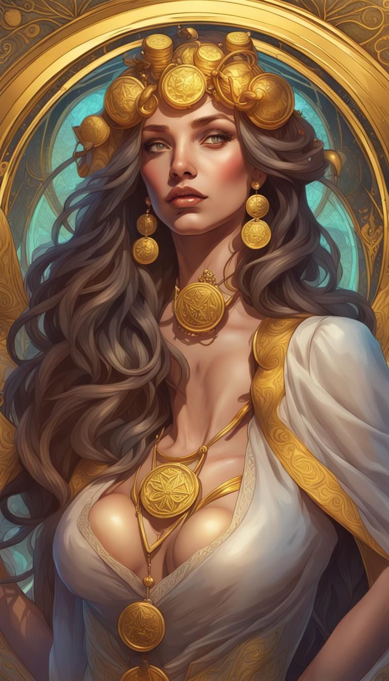 Queen of Pentacles Tarot Card in Art Nouveau Style