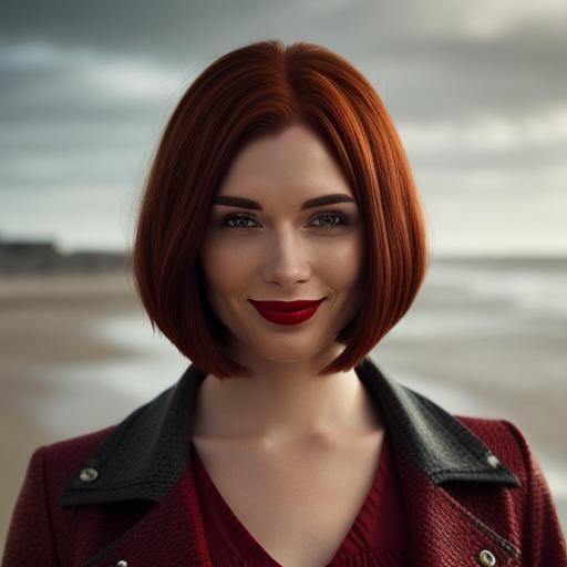 Redhead Woman at the Beach, Hyperrealistic Image