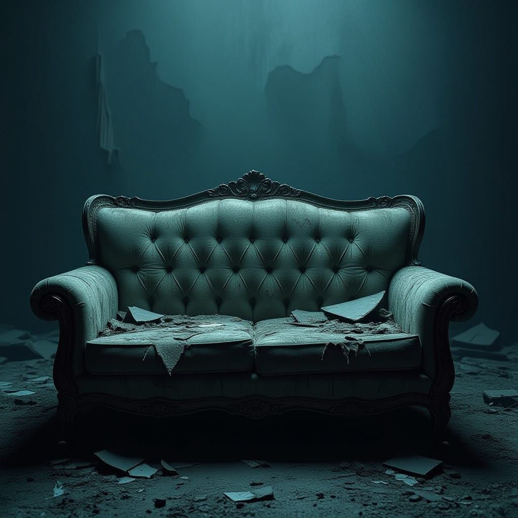 Distressed Vintage Couch in Dark, Industrial Atmosphere