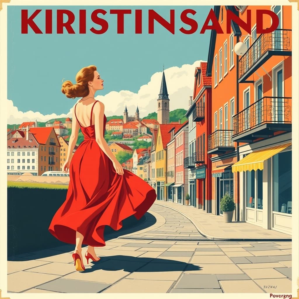 Kristiansand, Norway: Vintage Travel Poster in Art Deco Styl...