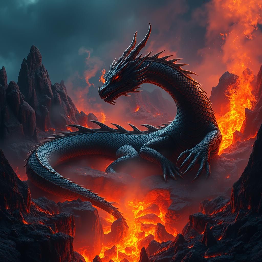 Black Fire Dragon Asleep in Volcano
