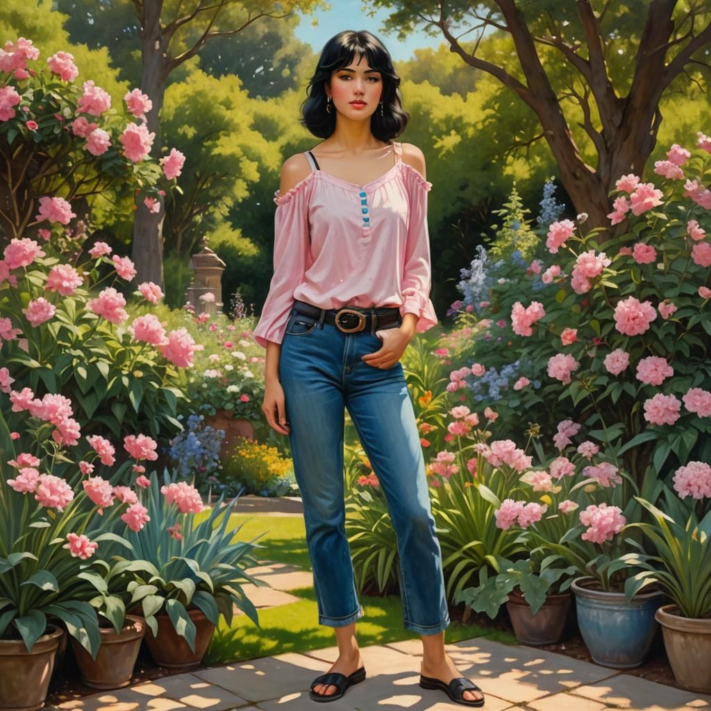 Latina Woman in Summer Garden: Classical Realism Portrait