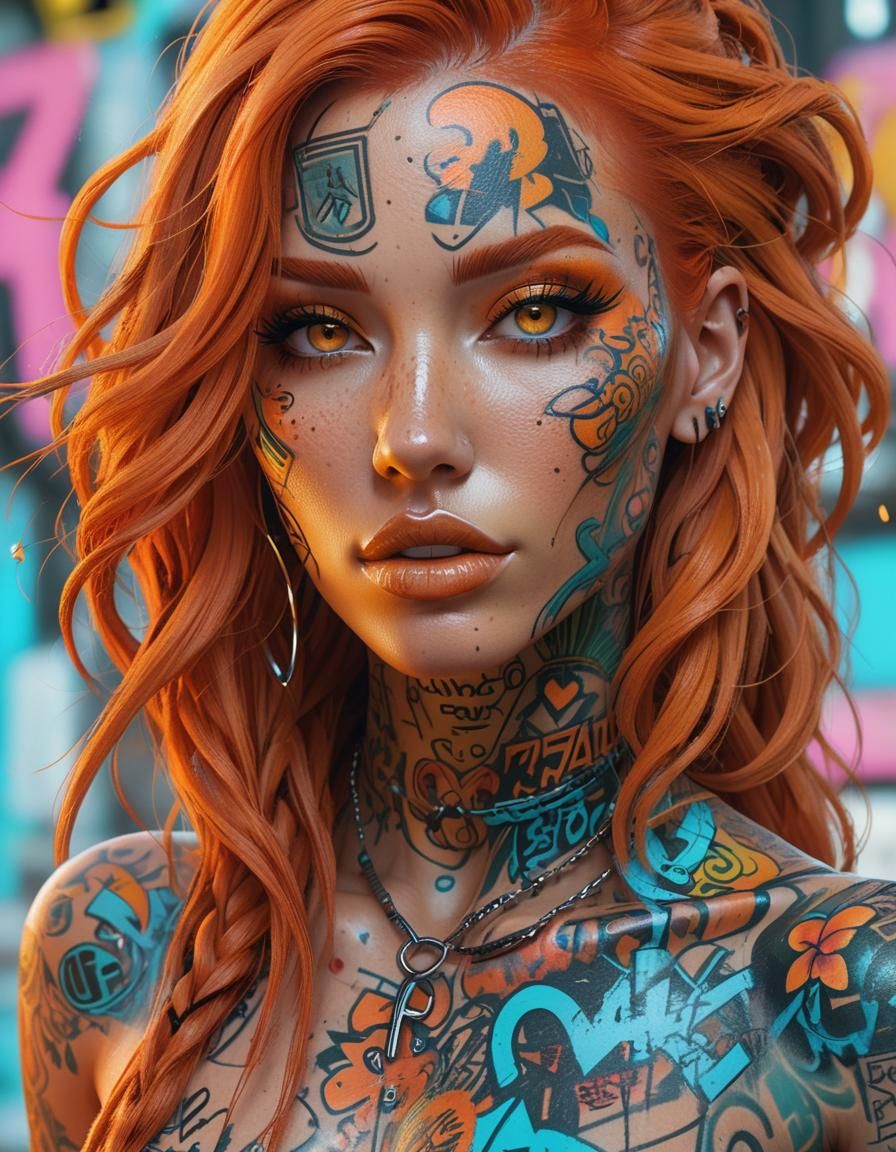Beautiful Woman with Graffiti Tattoos in Neon Style