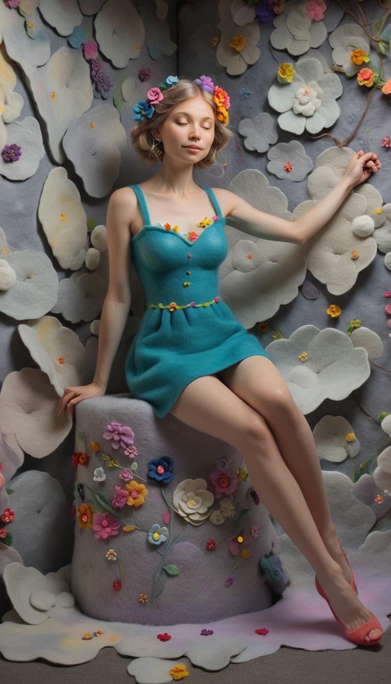 Cute felted woman sitting in a felted garden in between felt...