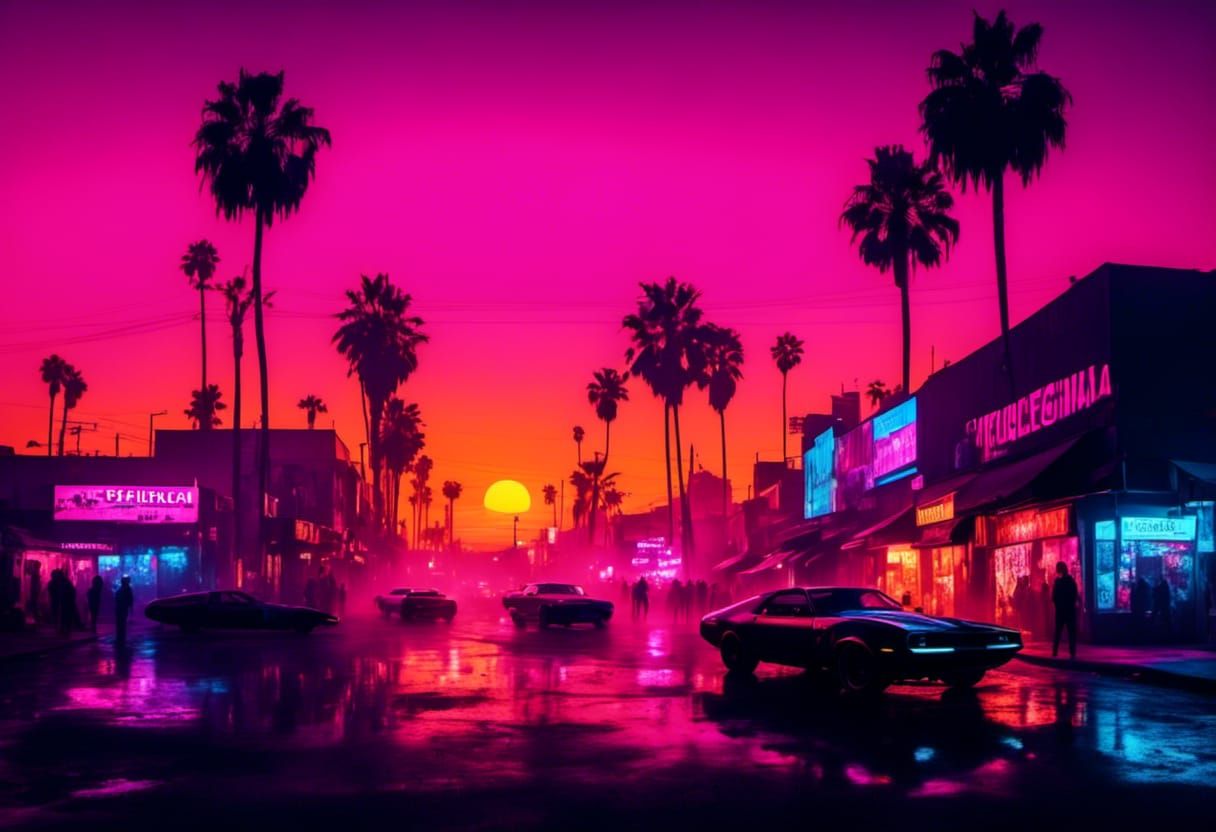 Apocalyptic Sunset Over Venice Beach in Cyberpunk Style
