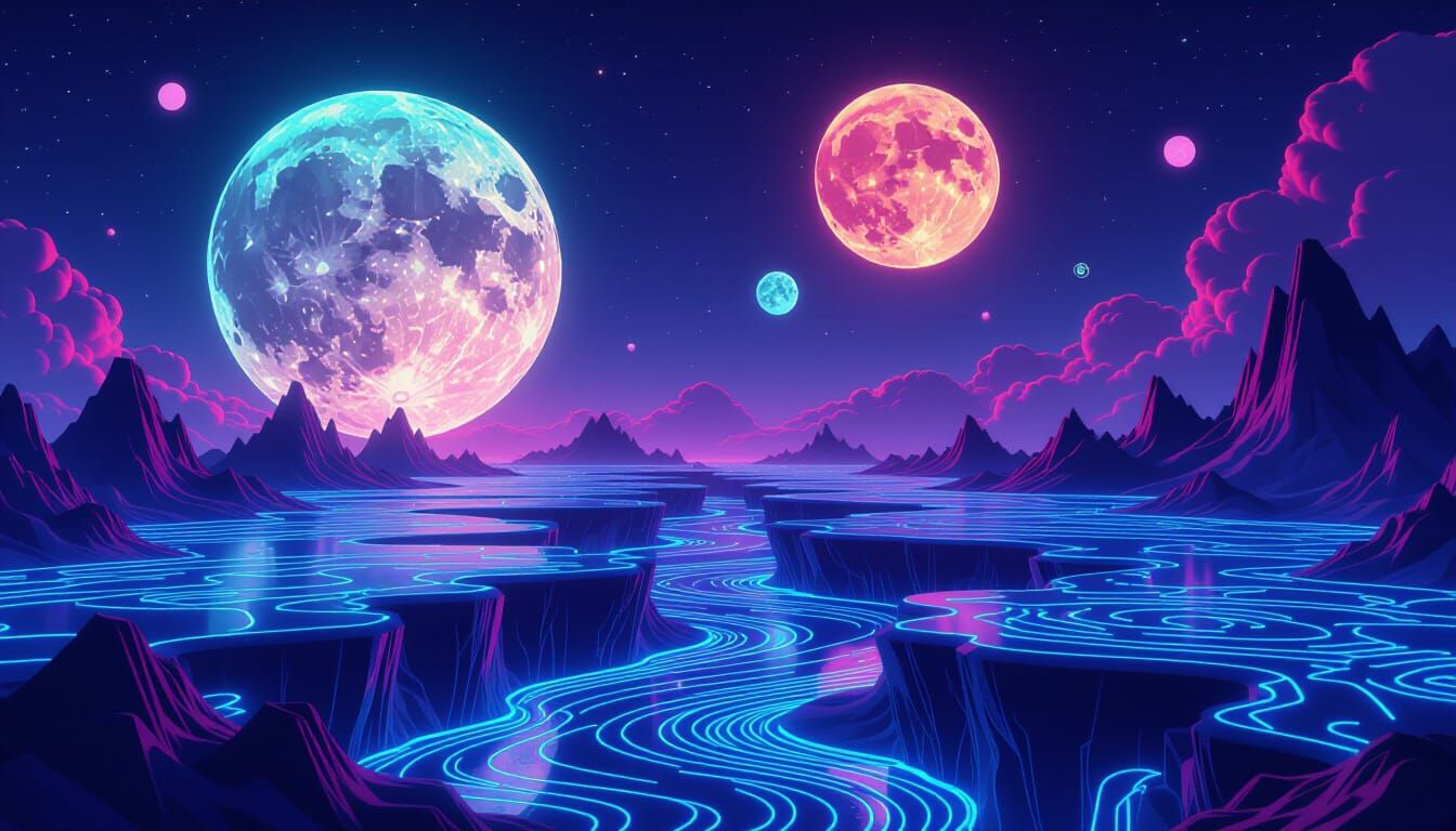 Surreal Floating Islands Under Neon Moons