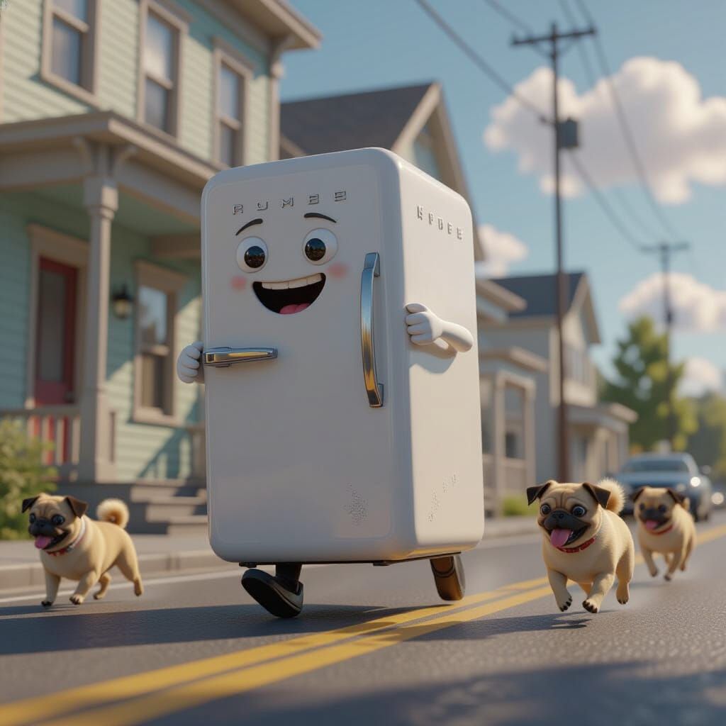 Anthropomorphic Refrigerator Chased by Pugs