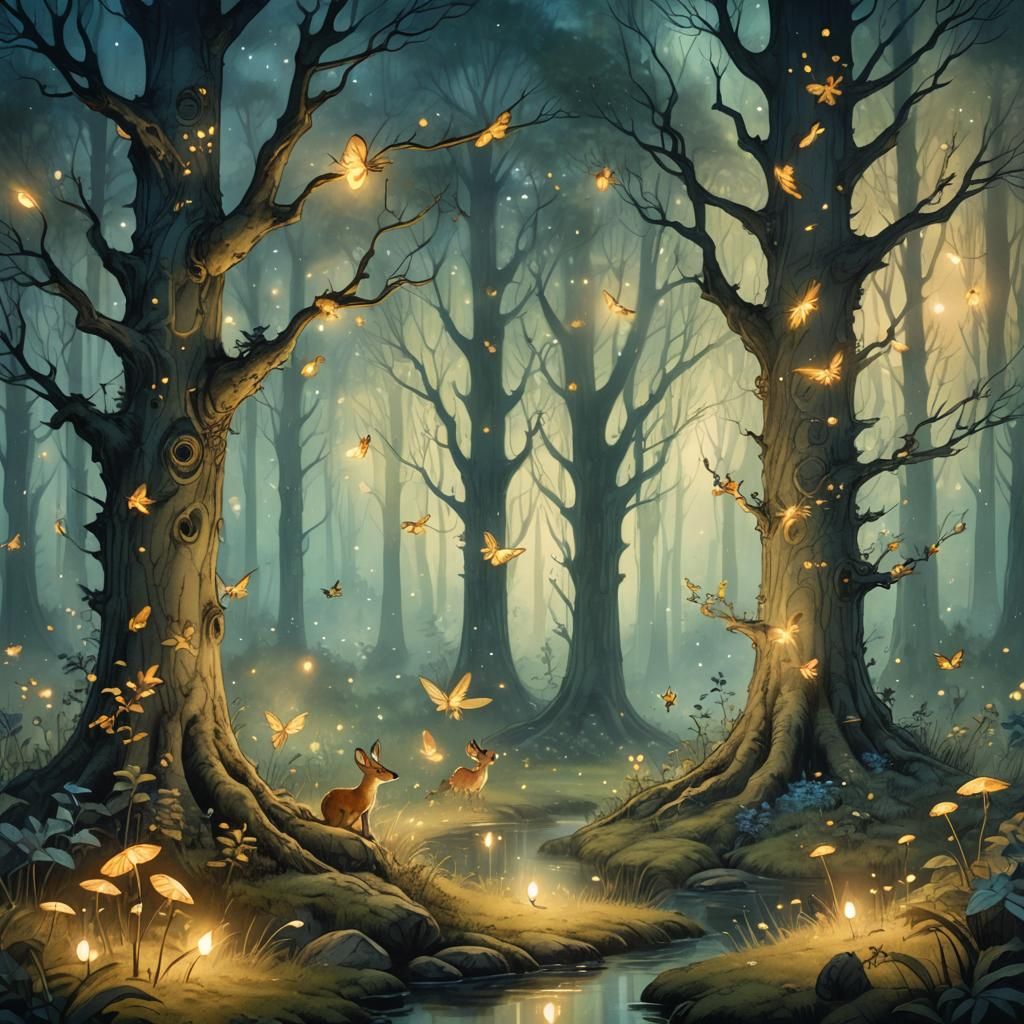Magical Forest Scene with Fantasy Creatures