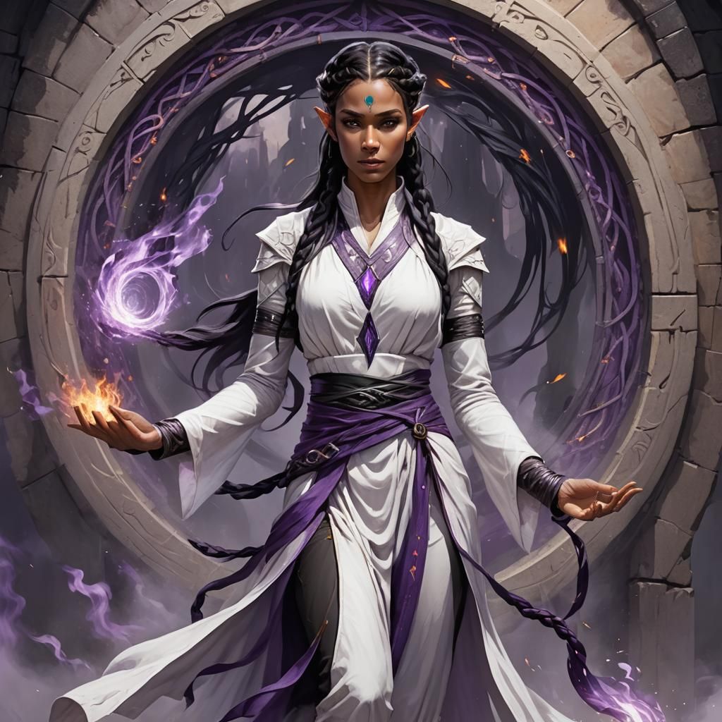 Half-Elven Monk Guards Portal with Purple Flames