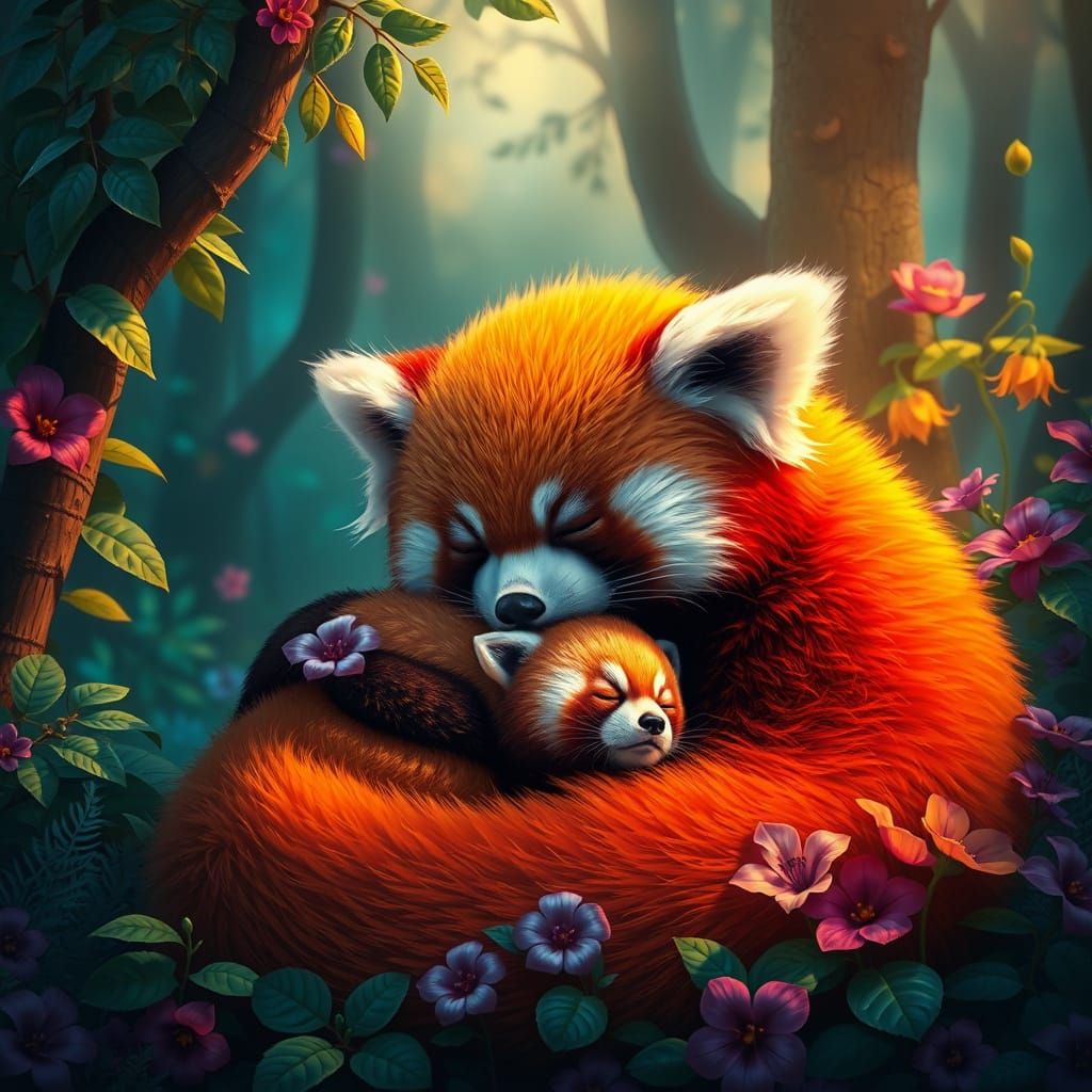 Mystical Red Panda Family in a Tranquil Forest Scene