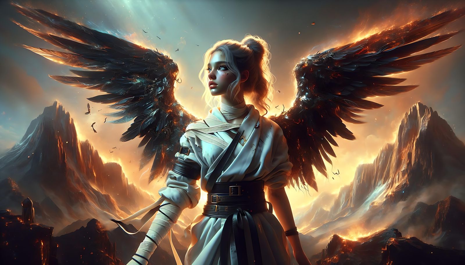 Fallen Angel on Apocalyptic Peak in Rococo Style