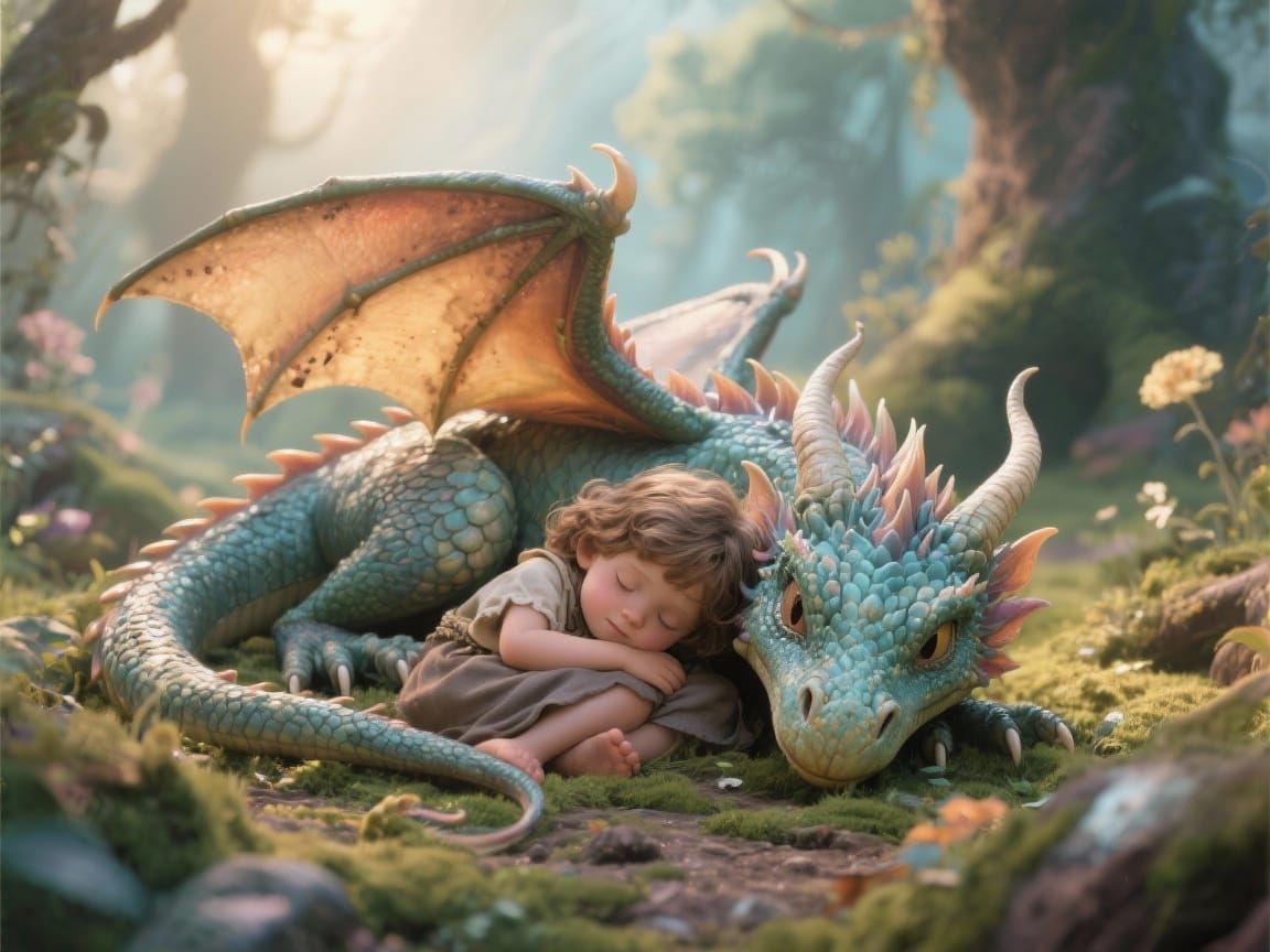 Gentle Dragon With Child in Whimsical Storybook Art