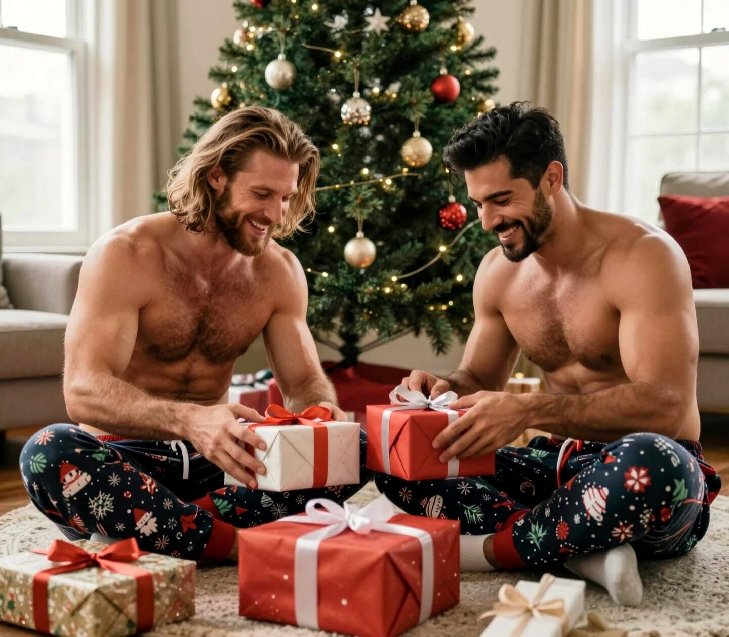 Muscular Men Unwrap Christmas Gifts by Tree