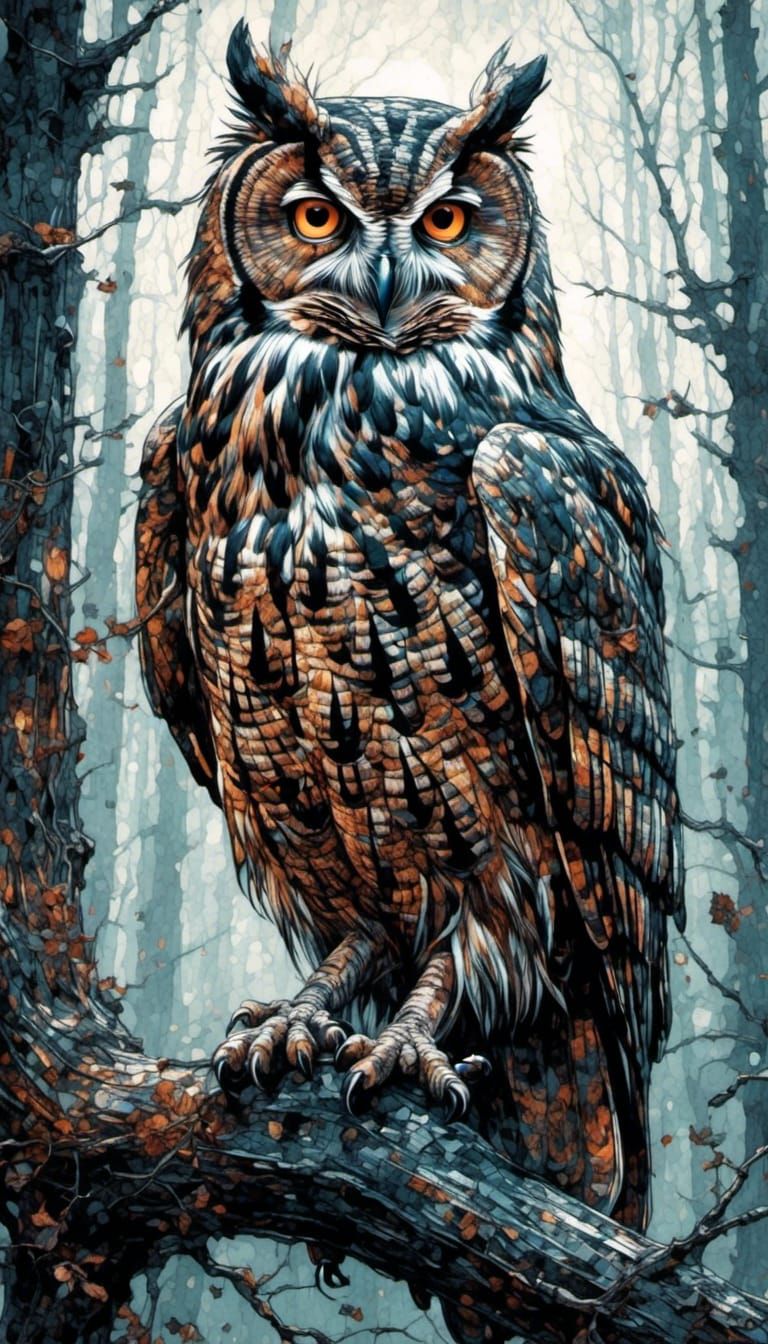 Owl In The Forest Of Fog