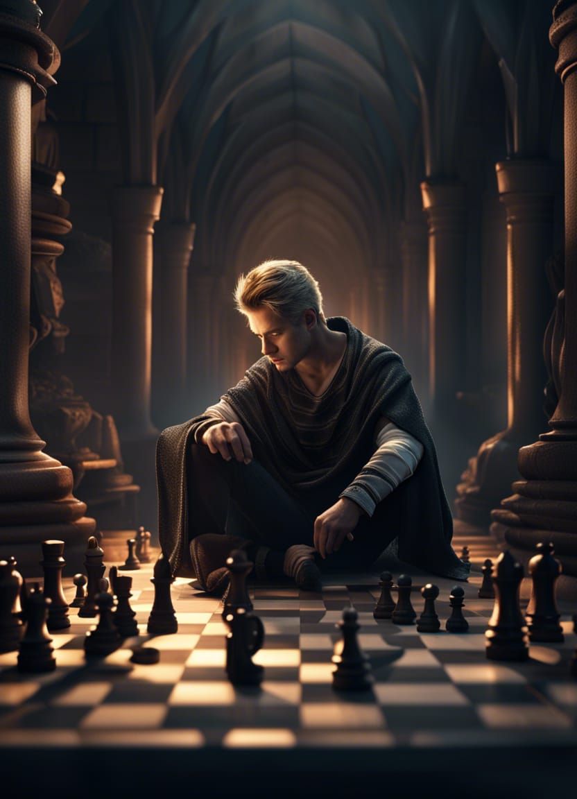 Boy King Plays Chess in Gothic Castle