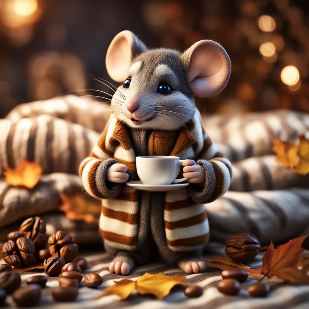 Mouse in Striped Pajamas Relaxing with Coffee