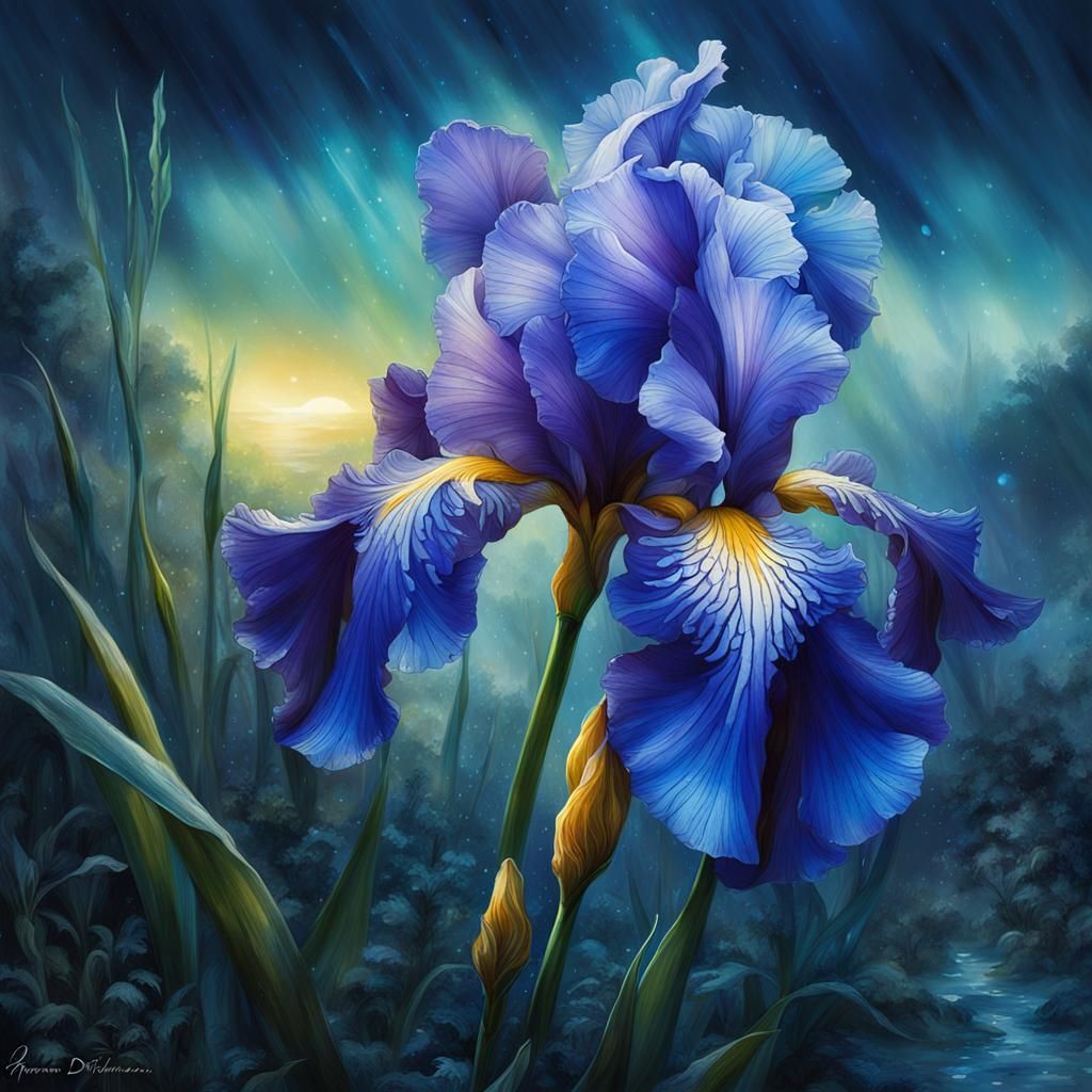 Bioluminescent Azure Iris in Moonlight, Photorealistic Art