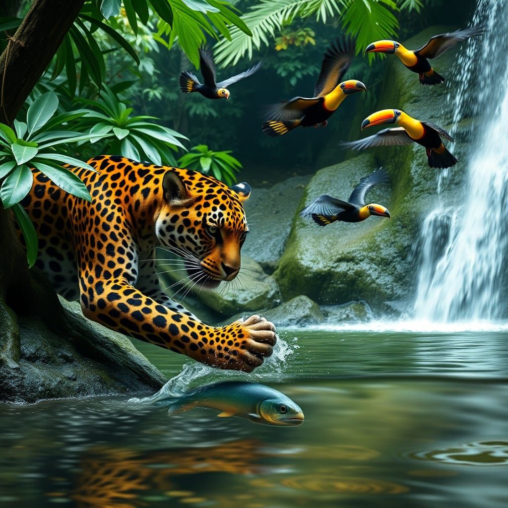 Majestic Jaguar Seeks Lunch Near Costa Rican Waterfall
