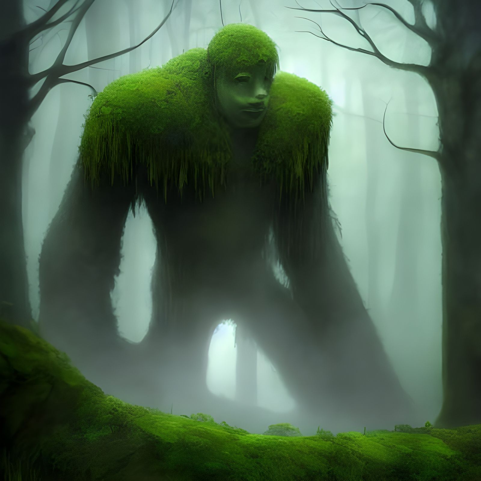 Moss-Covered Stone Golem in Forest: Watercolor Illustration