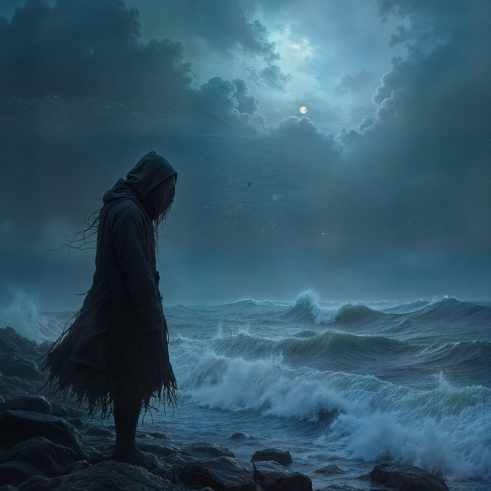 Grief-Stricken Figure at Stormy Sea: Emotional Turmoil