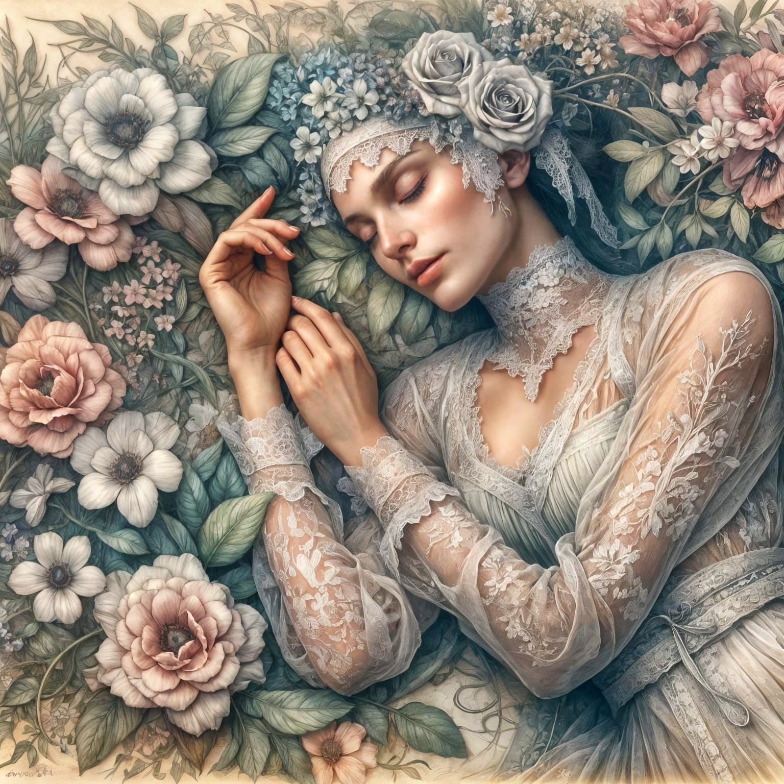 Ethereal Woman in Art Nouveau Floral Dreamscape