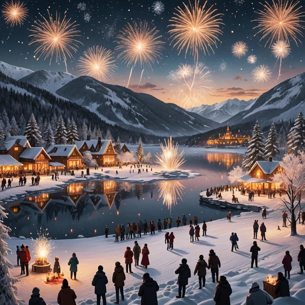 New Year's Eve Fireworks Over Frozen Lake