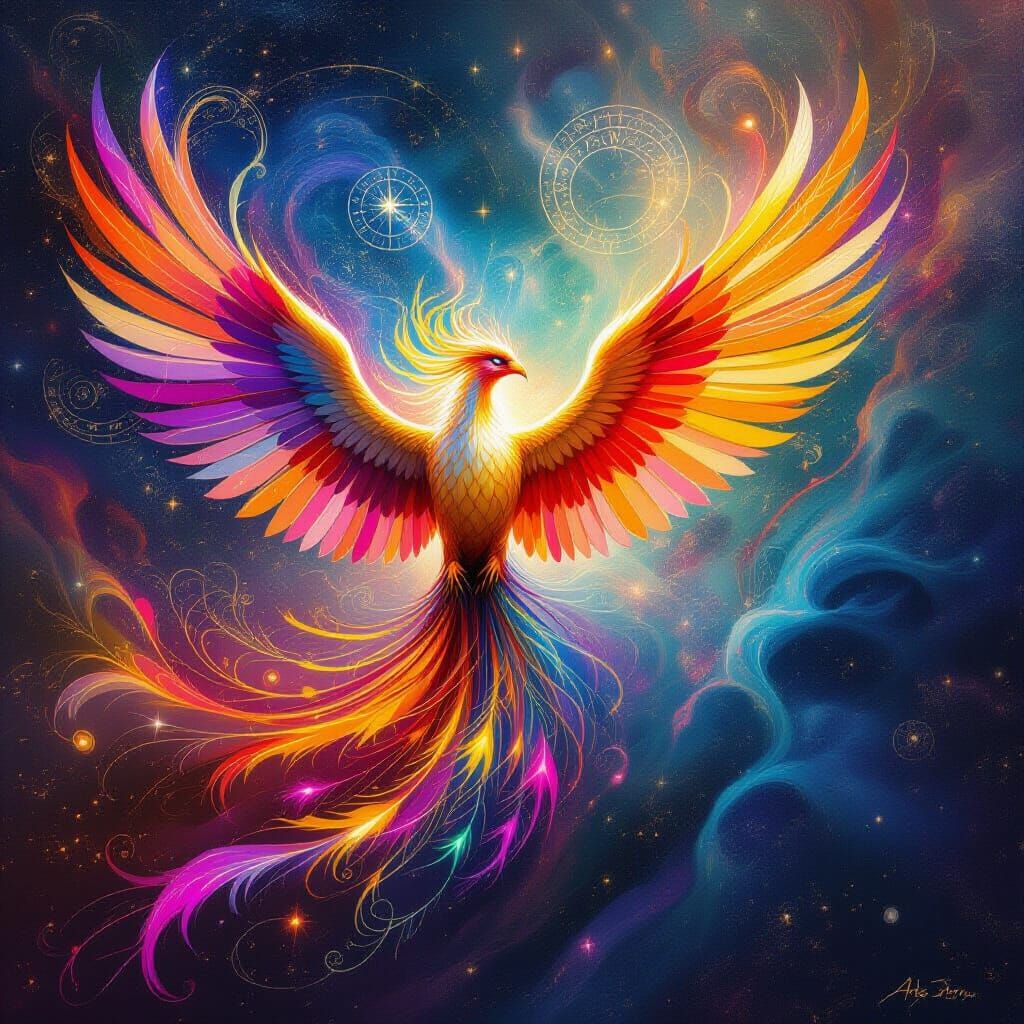 Cosmic Phoenix Rising from Nebula in Surreal Style