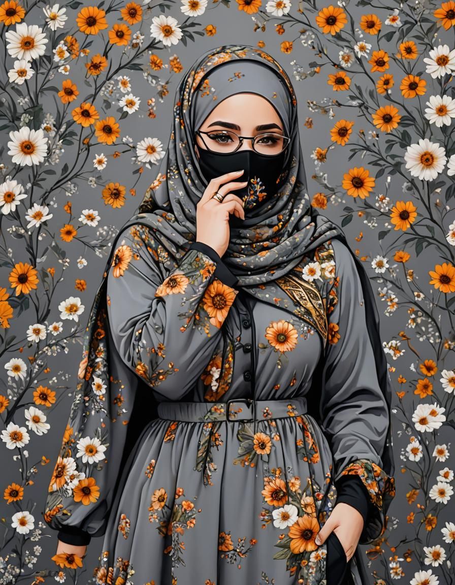 Psychedelic Portrait of Woman with Hijab and Flowers