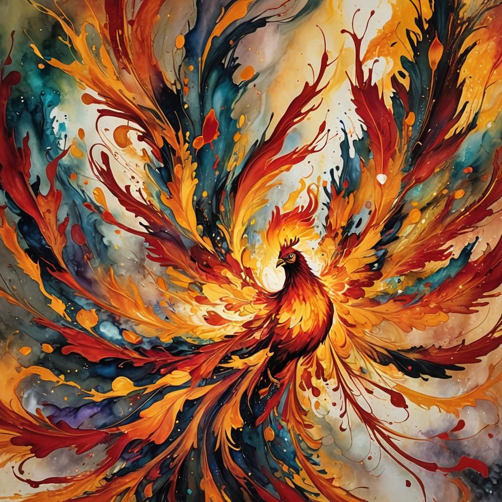 Fiery Phoenix in Abstract Expressionism Style