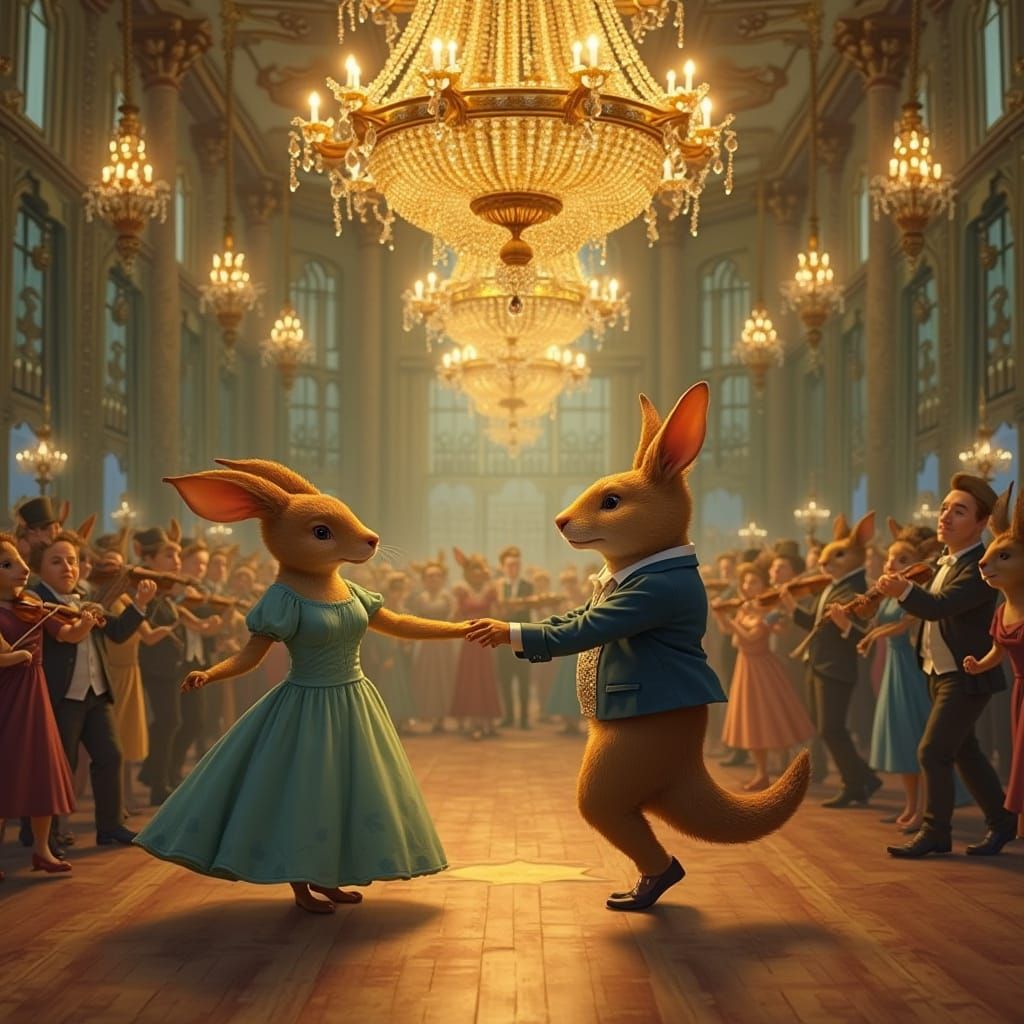 Anthropomorphic Animals Waltzing in Ballroom, Fairytale Illu...