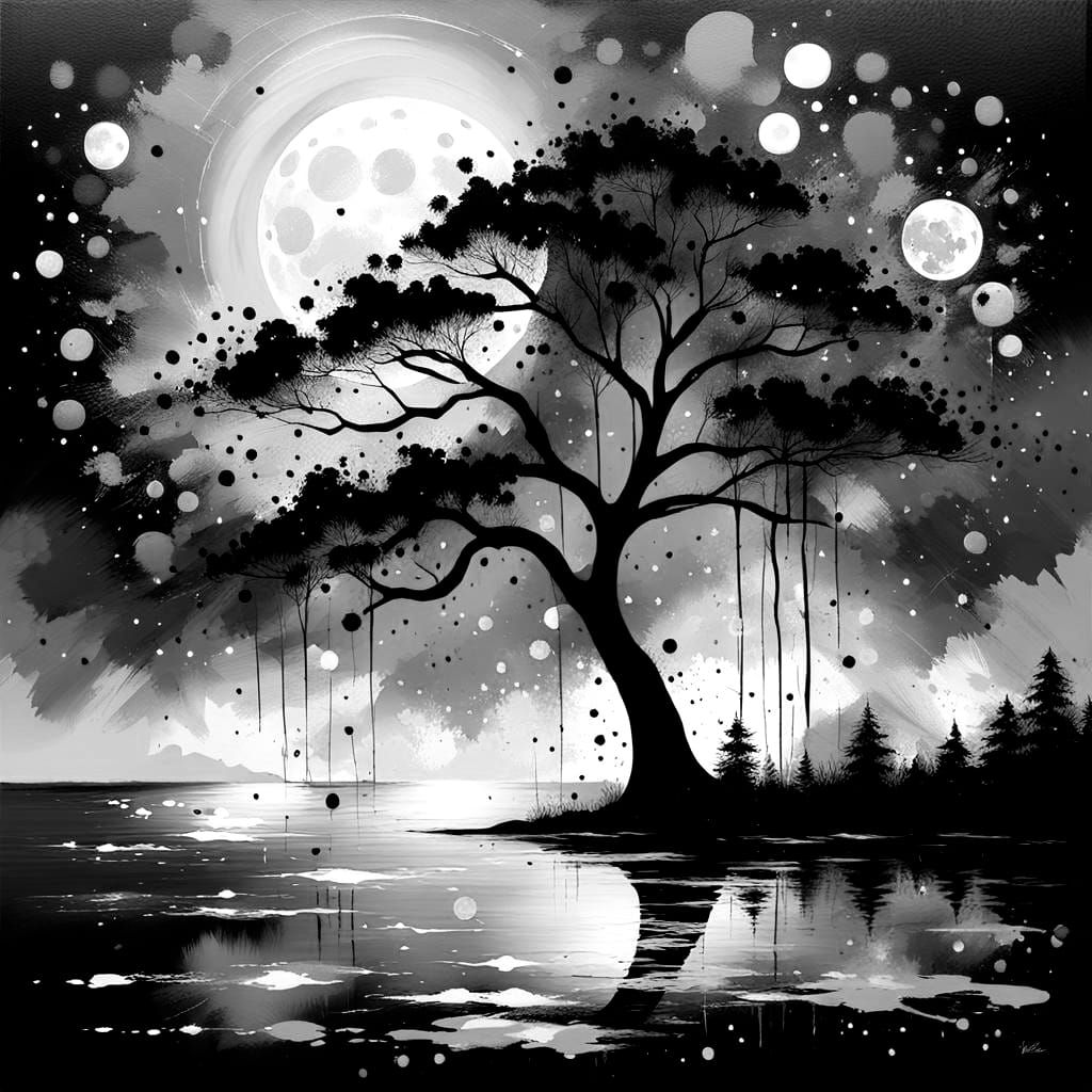 Moonlit Serenity in Paint Splatter Art