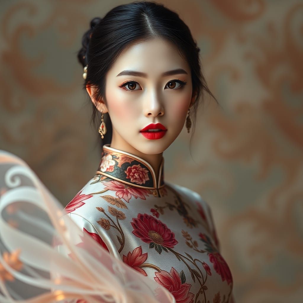 Chinese Beauty in Traditional Cheongsam: A Fusion of Styles