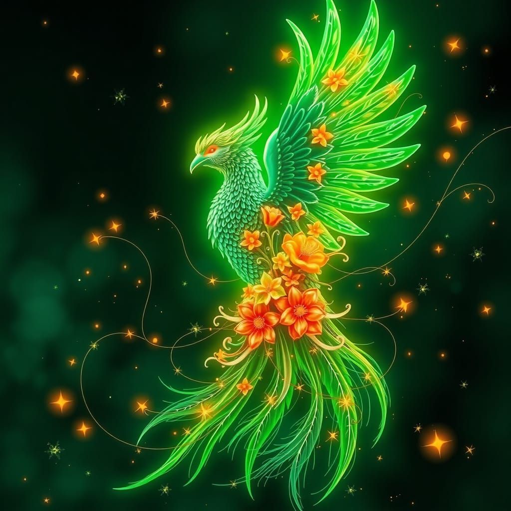 Leuchtende Wiedergeburt: Mystischer Phönix erstrahlt in neon...