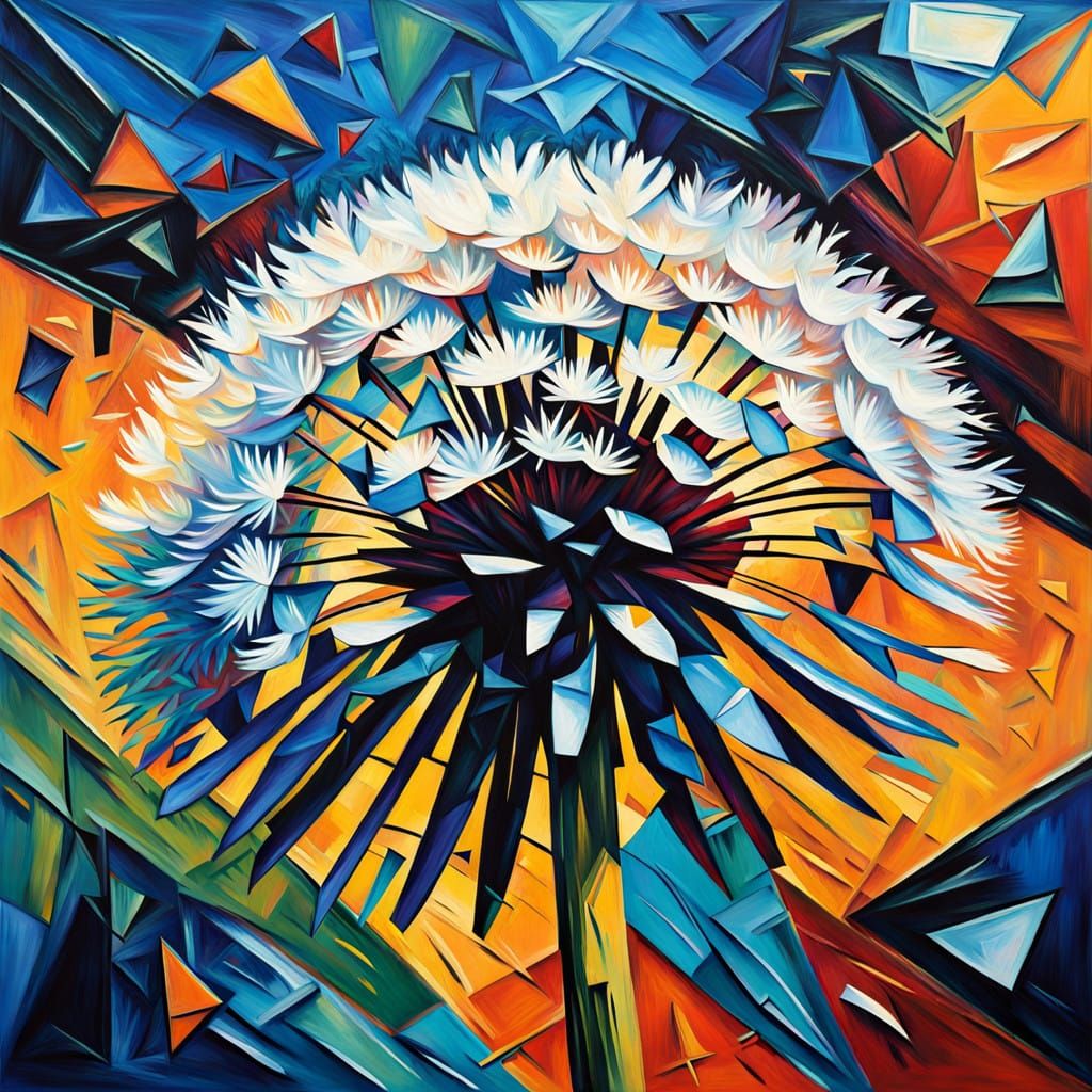 Cubist Dandelion Fragment in Vibrant, Clashing Colors