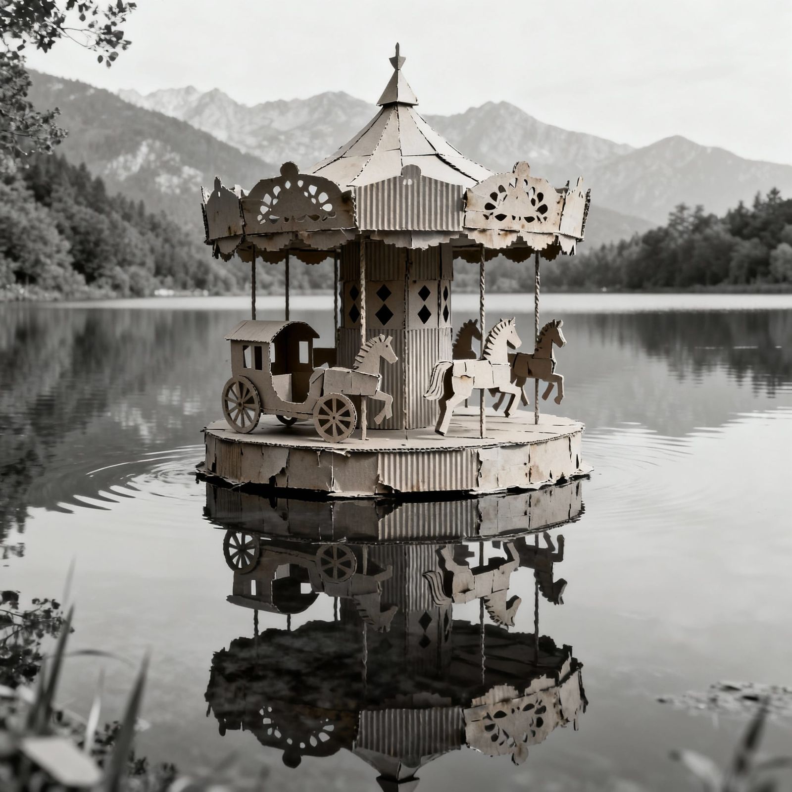 Corrugated Carousel Sculpture on Pristine Lake