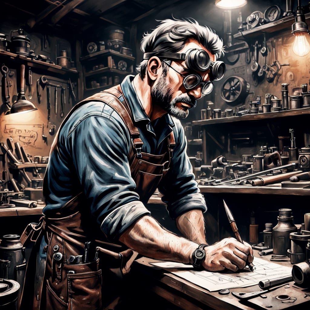 Expressive charcoal sketch. Close-up portrait. A grizzled di...