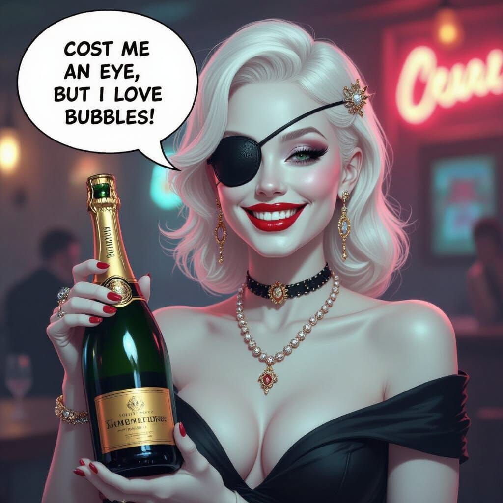 Albino Woman with Eyepatch and Champagne, Cinematic Portrait
