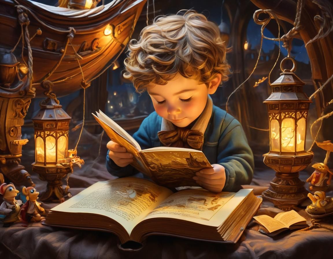 Boy Reading Storybook in Vibrant Oil Painting