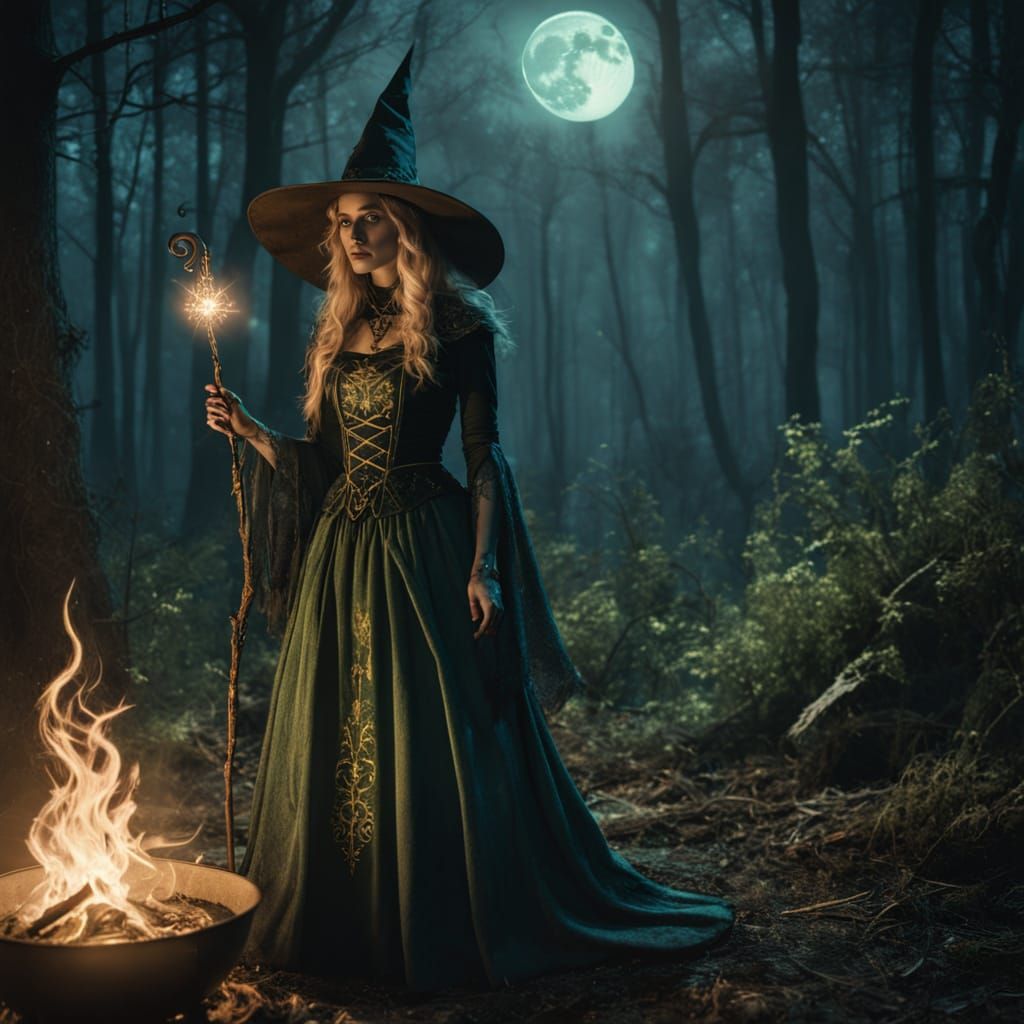 Elegant Witch with Golden Hair and Glowing Wand