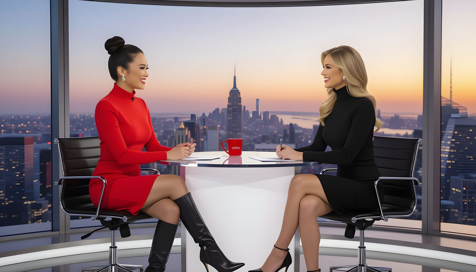 Beautiful Weather Forecaster in Modern Studio at Sunset