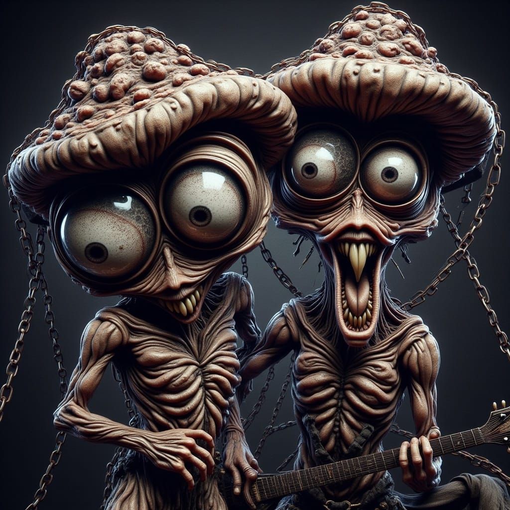 <lora:-Lunatic-:1.0> surreal Portrait  of two CRAZY MUSHROOMS playing in a metallic ROCK music band. Chains, abstract mi...