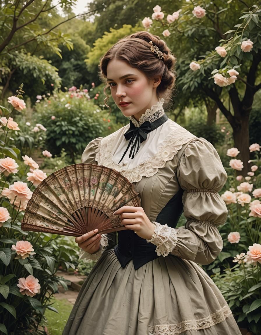A beautiful young Victorian woman holding an open fan and fl...