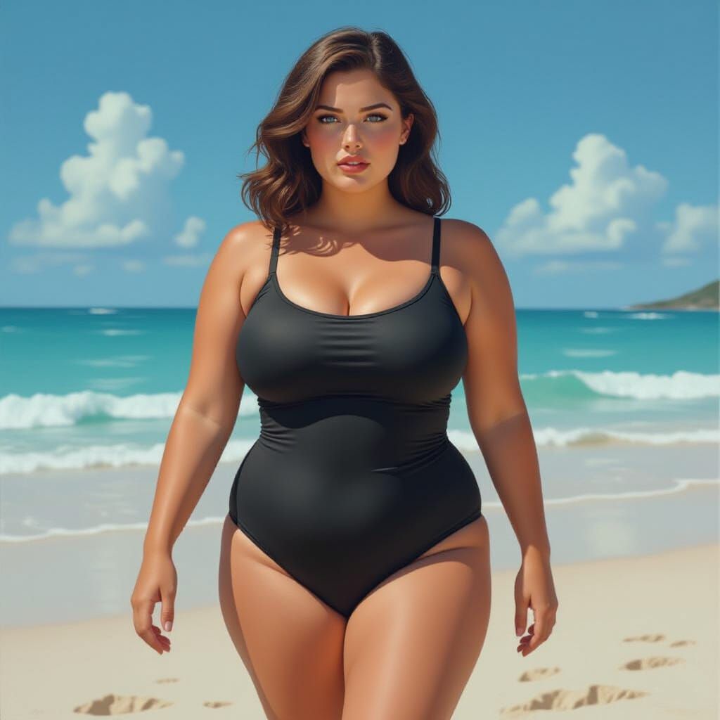 Woman on Beach in Hyperrealistic Portrait Style
