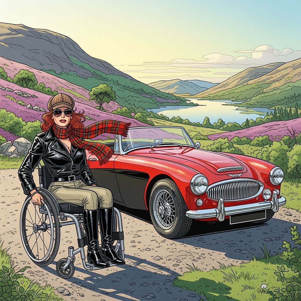 Red-Haired Driver with Austin-Healey in Scottish Comic Art