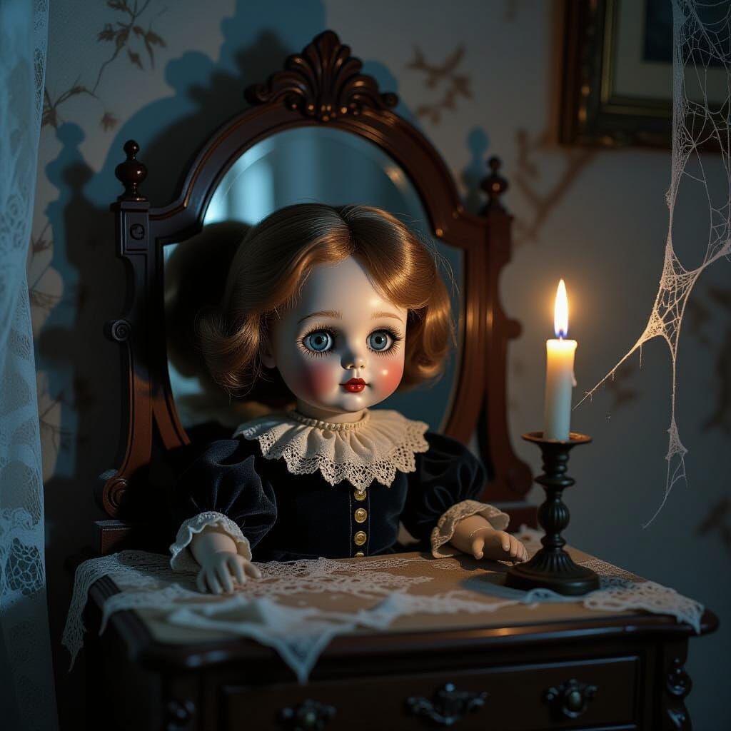 Creepy Porcelain Doll at Antique Vanity