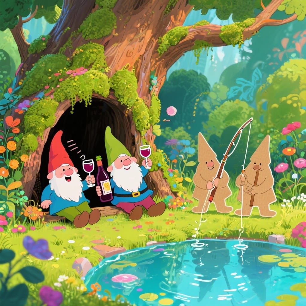 Tipsy Gnomes Share Wine in Whimsical Hollow Tree
