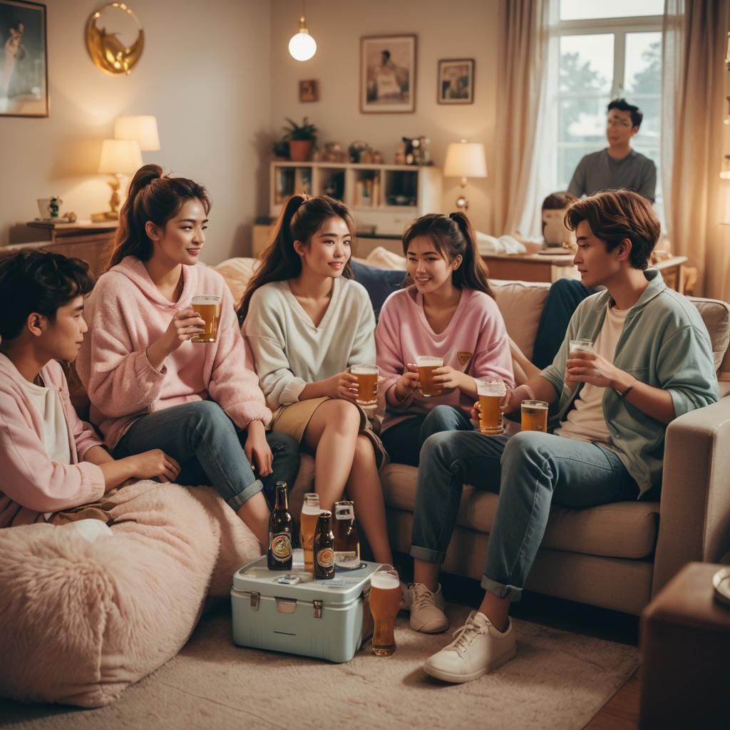 Cozy Evening: Workers Relaxing in Pastel Nostalgia